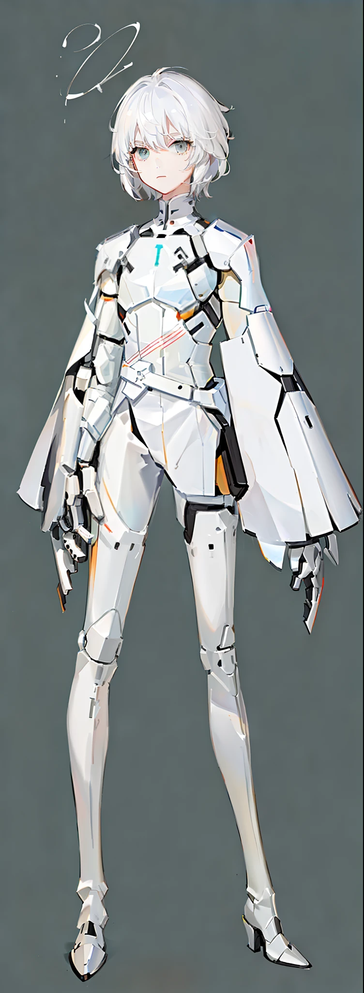 character  design，One dressed in white，red peach, glossy white armor, streamlined white armor, sleek white armor, clothing design, clear outfit design, full body concept, sleek streamlined white armor, detailed white armor, full body adoptable, new costume concept design, sleek bright white armor, modern clean white armor, matt white color armor，1 boy，Male，Young man，The right leg is a mechanical prosthesis，droid，white colored eyelashes，White eyes，White color hair