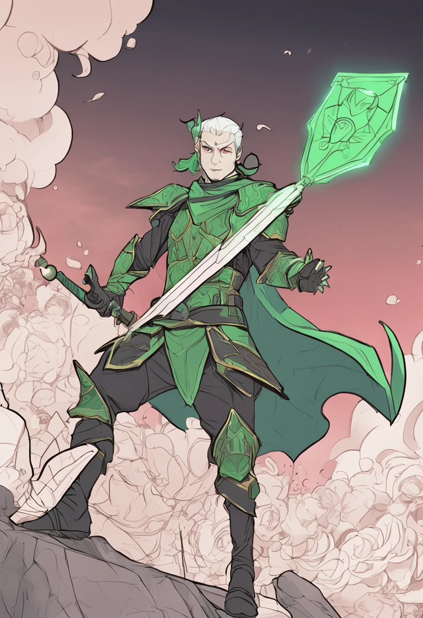 in Japanese anime style, imagine an adult Elf man with short, green hair holding a shield and a spear in each hand. , design, desenvolvimento detalhado do conceito do personagem, model shet