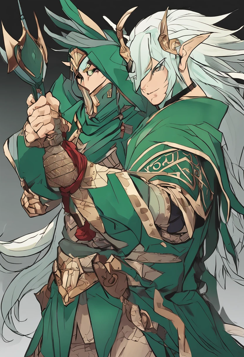 in Japanese anime style, imagine an adult Elf man with short, green hair holding a shield and a spear in each hand. , design, desenvolvimento detalhado do conceito do personagem, model shet