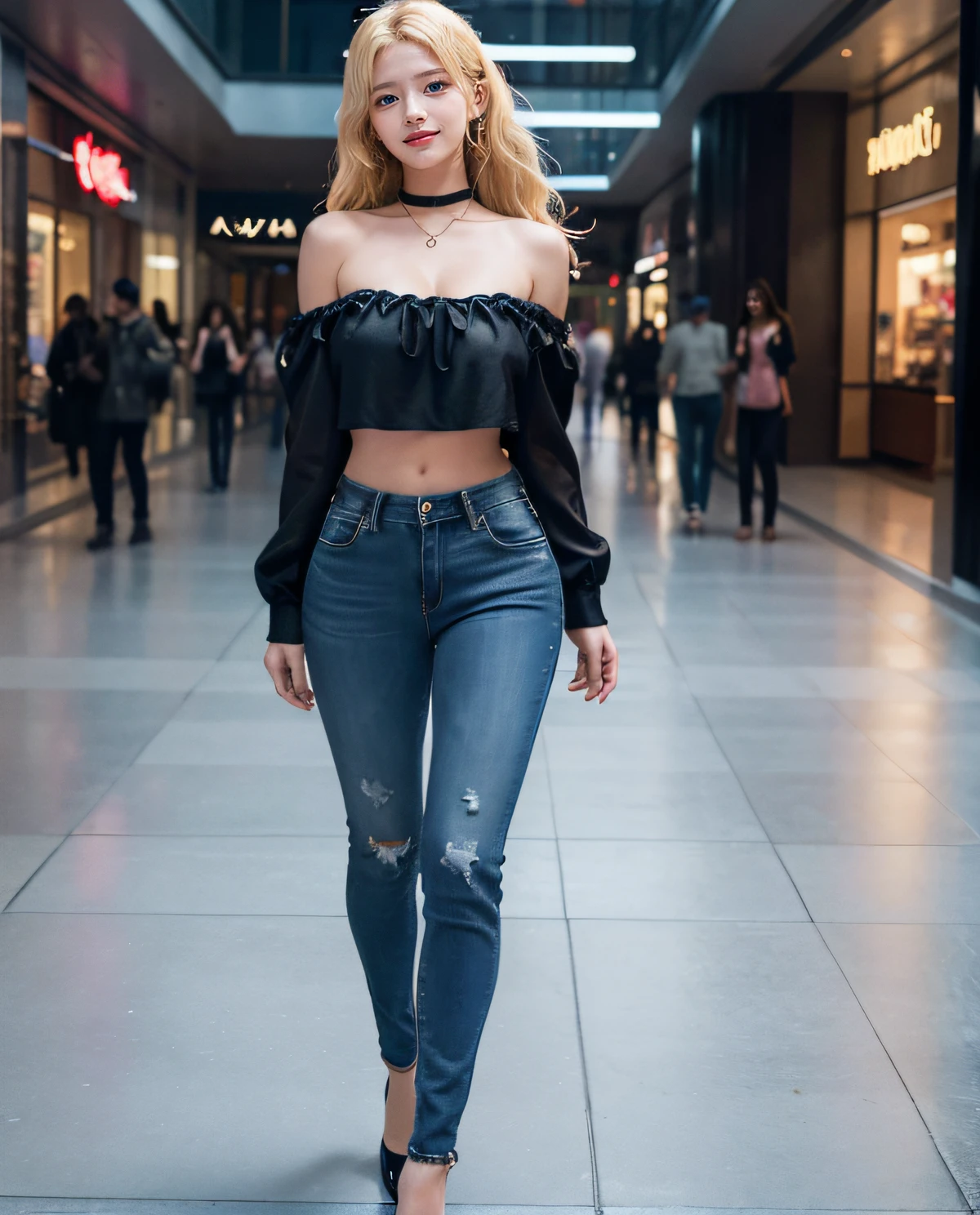 1girl, (Blue Eyes), smiling, (Sana Minatozaki), wide hips, Big Boobs, big ass, (Best Quality, 8k, Masterpiece: 1.3), Clear Focus: 1.2, Perfect Body Beauty: 1.4, Slender Abs: 1.2 , Highly detailed face and skin texture, detailed eyes, double eyelids, (blonde long hair), (brown cleavage blouse ), (jeans pants), (high heels), (standing), shopping mall, back view, stores in the background