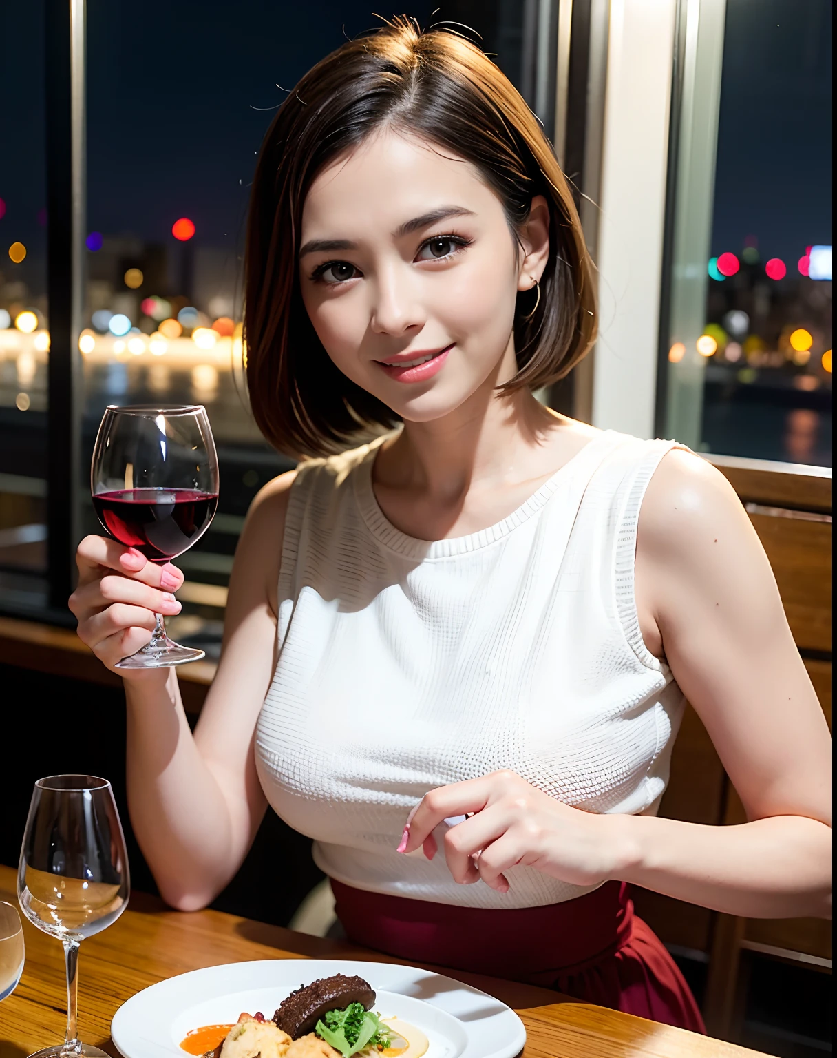 (64K, UHD, top quality, masterpiece: 1.2), (realistic, photorealistic: 1.37), super detailed, pretty woman 1 person, (slim face), (slim body), (brown hair), (short cut), cheeks slightly blushing, (44 years old), 38 years old, solo, beautiful detailed urban night view outside the window, restaurant, wine glasses sit, at night, in a prominent placeNovaFrogStyle, Actress, Model, Waist Up, White Wine, Slim, Wine Glass, Super Clean Night View, Wine Glass Put in the Middle, Happy Smile, (Smile: 1.15), Beautiful Fine Eyes, Upper Body, Bust Japan Up, Night, Short, Short, Actress, Model, Waist Up, White Wine, Slim, Wine Glass, Super Clean Night View, Wine Glass Put in the Middle, Happy Smile,