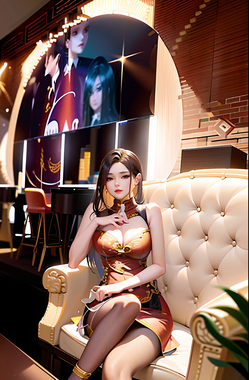 Woman sitting on brown leather chair,Big screen in the room, taken in 2 0 2 0, gorgeous chinese models, Gorgeous young Korean woman, trending at cgstation, xintong chen, Shot on Canon EOS R 6, full-body xianxia, wenfei ye, Choi Hyun-hwa, beautiful Korean women, Beautiful young Korean woman, shaxi