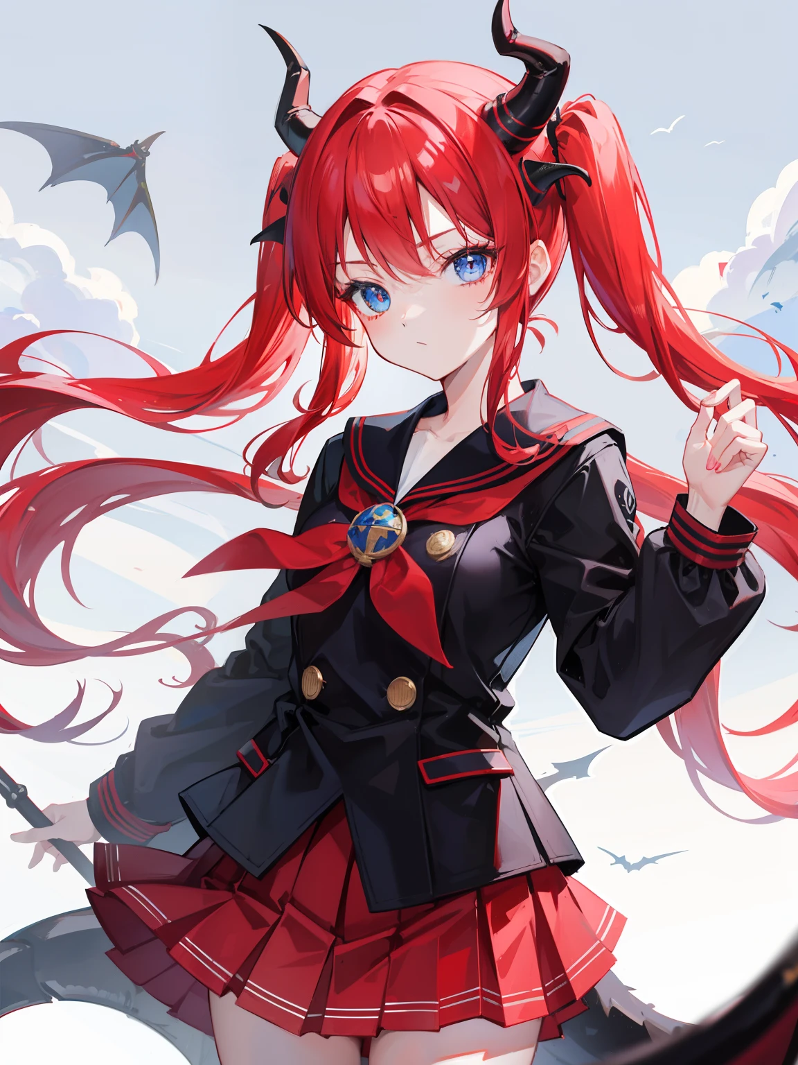 red hair, blue eyes, twintails, Sailor suit,black coat, Dragon horns,Pleated skirt,solo,loli,cute,bow
