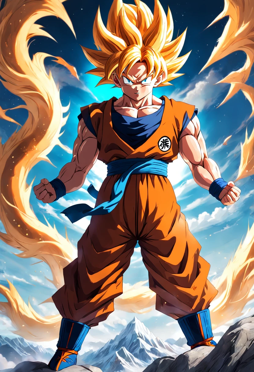 Goku in Super Saiyan God form soaring above a majestic mountain in the Dragon Ball Z universe with breathtaking realism.