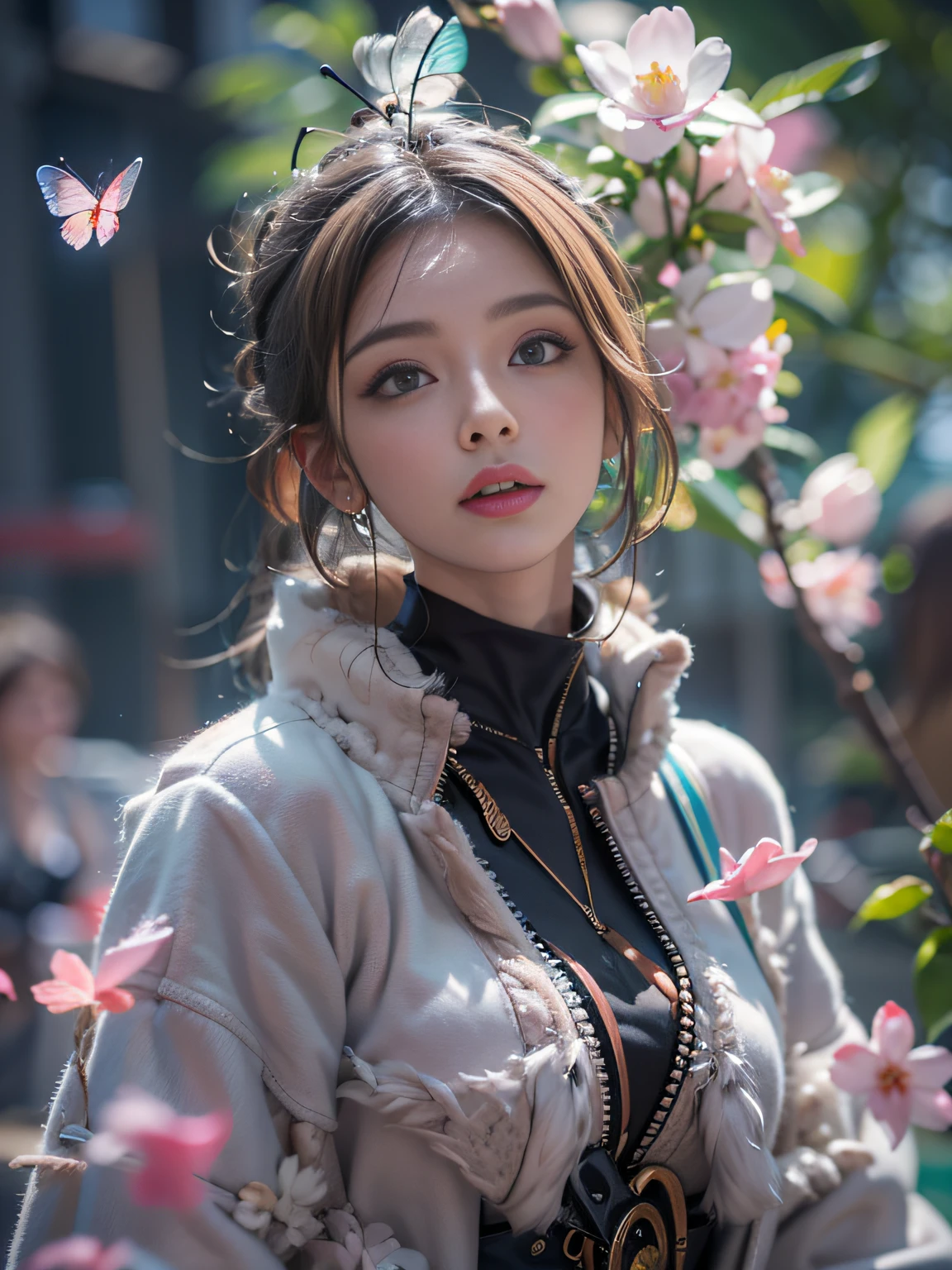 ((Best Quality)), ((Masterpiece)), (Detail: 1.4), 3D, Beautiful Cyberpunk Female Image, HDR (High Dynamic Range), Ray Tracing, NVIDIA RTX, Super Resolution, Unreal 5, Subsurface Scattering, PBR Texture, Post-Processing, Anisotropic Filtering, Depth of Field, Maximum Sharpness and Sharpness, Multi-layer Texture, Albedo and Highlight Mapping, Surface Coloring, Mitsu-Accurate Simulation of Material Interactions, Perfect Proportions, Octane Rendering, Two-color Light, Large Aperture, Low ISO, white balance, regular three-point, 8K RAW, beautiful bright pupils, flowing robe, fine pupils, delicate face and eyes, long eyelashes, blush, fluffy hair, pink lips, pure, cute, cherry blossom petals falling, butterfly