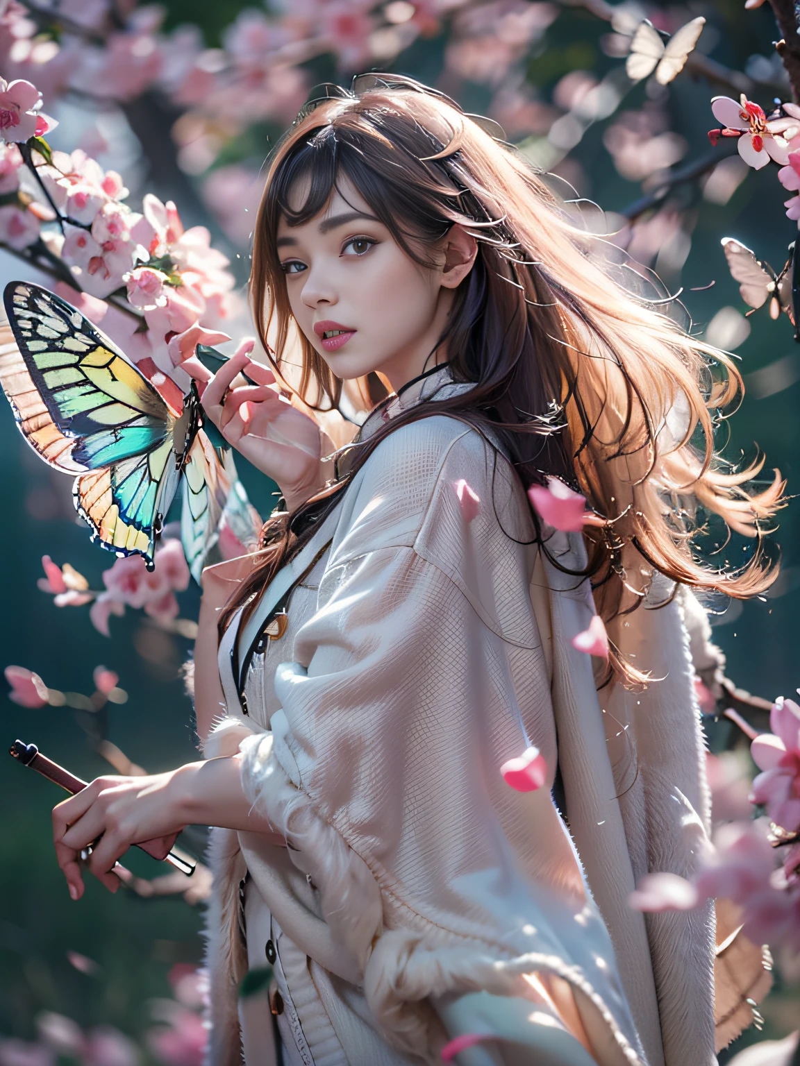 ((Best Quality)), ((Masterpiece)), (Detail: 1.4), 3D, Beautiful Cyberpunk Female Image, HDR (High Dynamic Range), Ray Tracing, NVIDIA RTX, Super Resolution, Unreal 5, Subsurface Scattering, PBR Texture, Post-Processing, Anisotropic Filtering, Depth of Field, Maximum Sharpness and Sharpness, Multi-layer Texture, Albedo and Highlight Mapping, Surface Coloring, Mitsu-Accurate Simulation of Material Interactions, Perfect Proportions, Octane Rendering, Two-color Light, Large Aperture, Low ISO, white balance, regular three-point, 8K RAW, beautiful bright pupils, flowing robe, fine pupils, delicate face and eyes, long eyelashes, blush, fluffy hair, pink lips, pure, cute, cherry blossom petals falling, butterfly