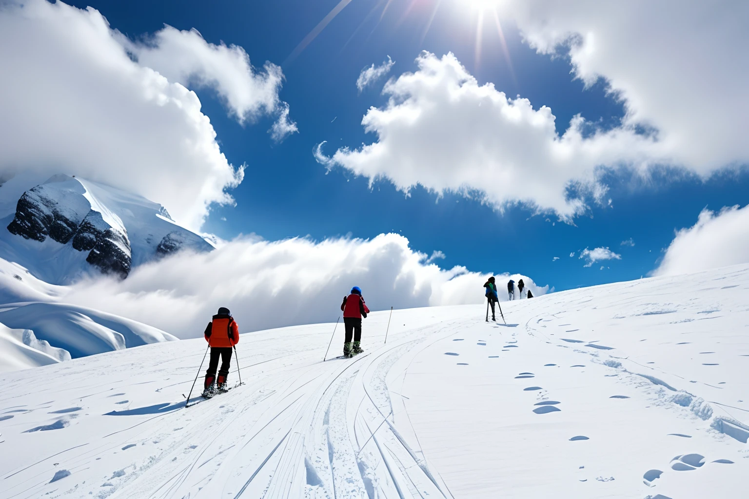 Skiers walk up the snowy mountains on sunny days, in the snow mountains, Climbing, mountaineous background, onthe mountain, glaciers and ice and snow, ascending form the sky, Standing in the clouds, snow field, People walk into the horizon