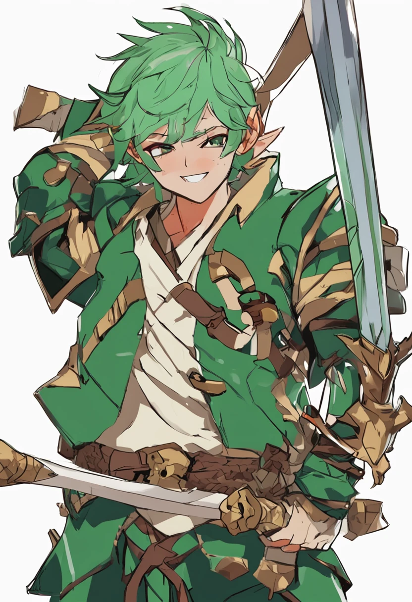 in Japanese anime style, imagine an adult forest elf man with short, green hair holding a shield and a spear in each hand.