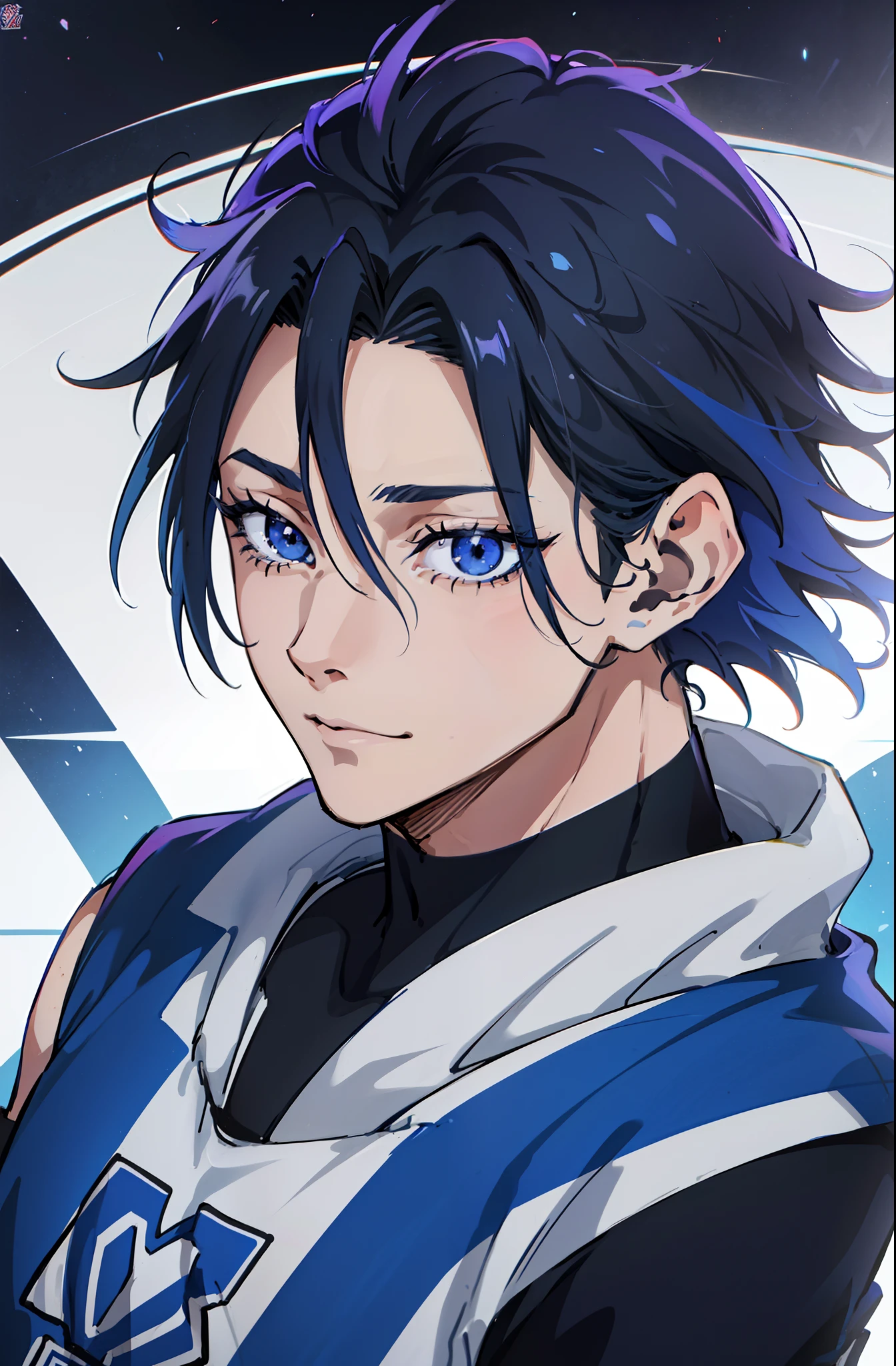 (masculino), personagem anime de um jogador de futebol com cabelo azul e um uniforme azul, Fanart oficial Behance HD, Digital anime illustration, Kentaro Miura estilo de arte, Wojtek FUS, 2d illustration, kentaro miura arte, 2d illustration, arte de anime digital detalhada, fanart requintada altamente detalhada, Concept Art Digital Illustration, Estilo de pintura digital, full art illustration, Diamante, cabelos multicoloridos, olhos multicoloridos