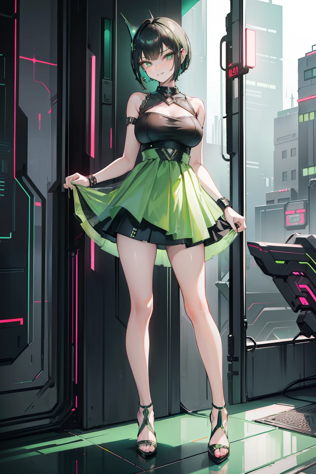 ((Best Quality)) ((Masterpiece)) 1girl, 19 year old, black hair, pixie bob haircut, flirty smirk ((( light green cyberpunk fairy dress ))) (((mini skirt))) ((( up skirt )))  ((slender)) (busty) ((sexy dress))  6 and a half heads full body