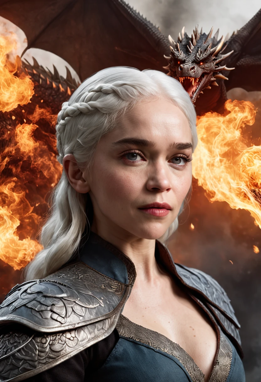t-shirt design, 2D illustration, centered art,3 dragons in the background breathing fire, face of Emilia Clarke Atriz britânica White hair de Game of Thrones, gothic colors, mood of tension and terror, Adobe Illustration, Trending on Artstation, 8K, hd, masterpiece, gorgeous art, intricate details , -