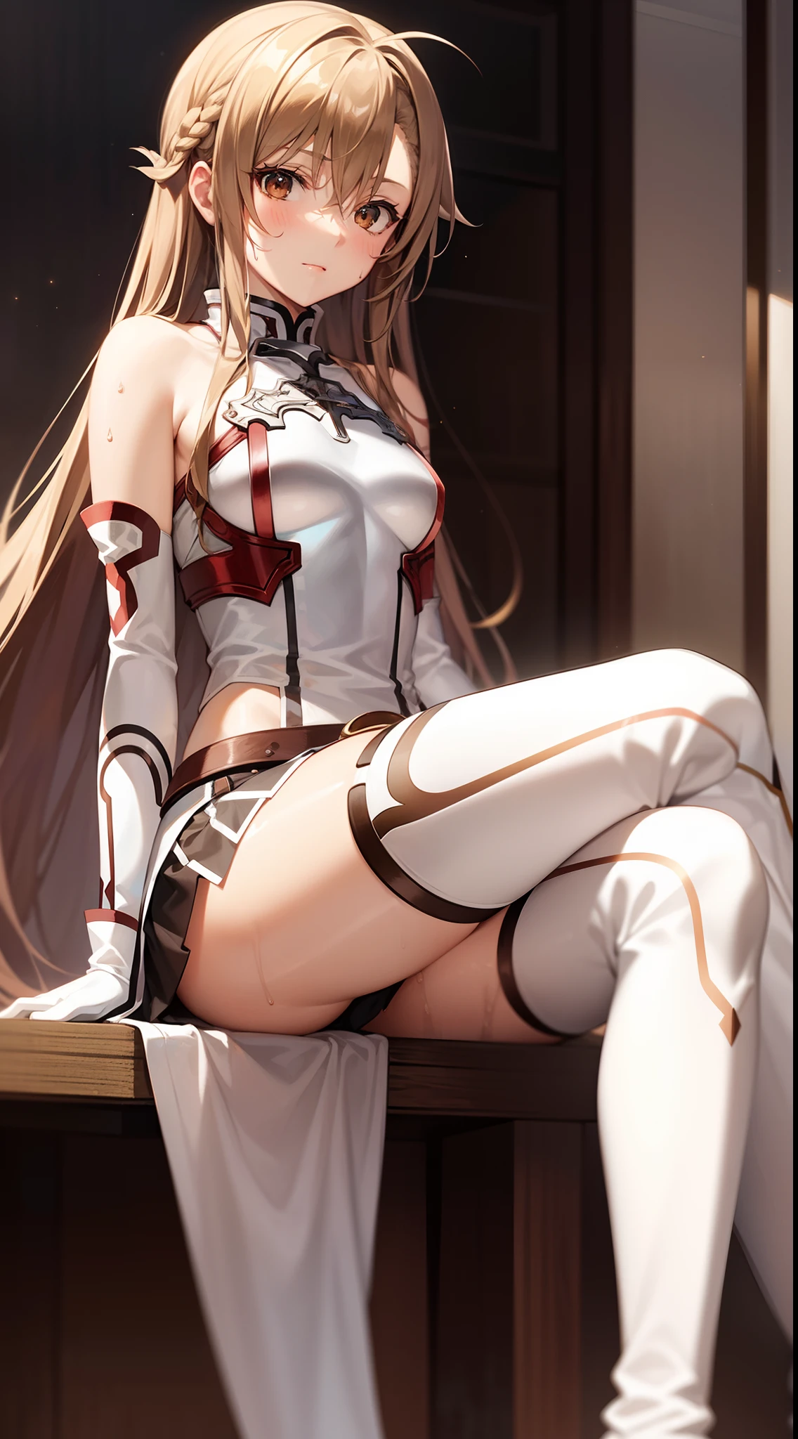 (Asuna1.5),brown hair,brown eyes,white armour,shoulder,sweating,armoured rag skirt,long gloves,thigh high boots,princess braid,sitting,cross one's legs