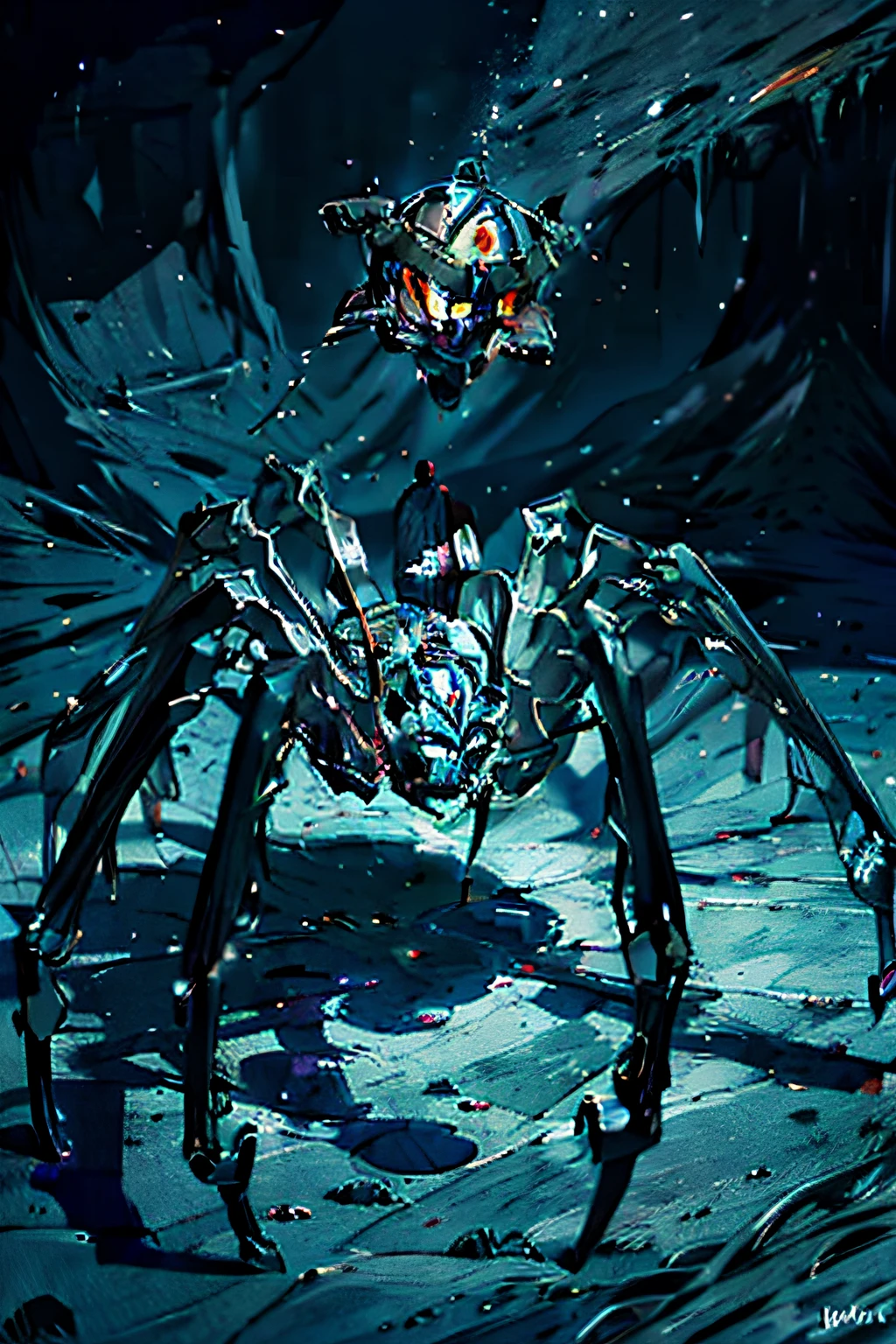 Imagine uma aranha monstruosa, whose body is carved entirely in deep black onyx. Every detail of this stone spider is meticulously crafted to highlight its black color, from their long, elegant legs to their sharp fangs. Seus olhos, brilhantes e penetrantes, are made of polished onyx, reflecting the darkness around you. As the spider moves, His presence is marked by a dark trail, emanando uma aura misteriosa e imponente