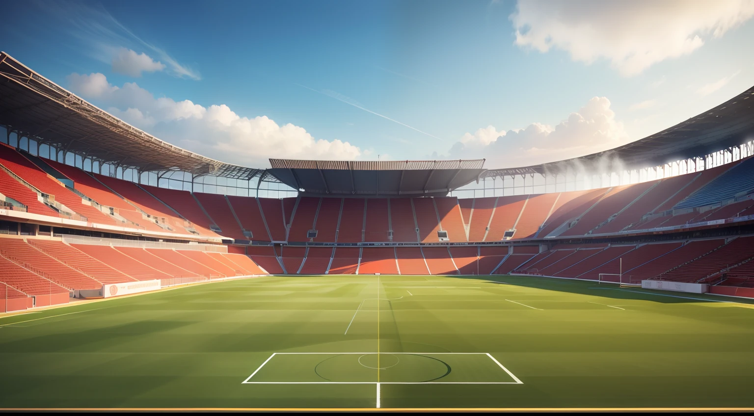 Wide-angle panoramic shooting, stadium setting, Stadium, soccer court, Red runway, Gymnasium with spectator seats, A sports venue with spectator seats,Blue sky and white clouds The football field has clear money,Correct soccer field line