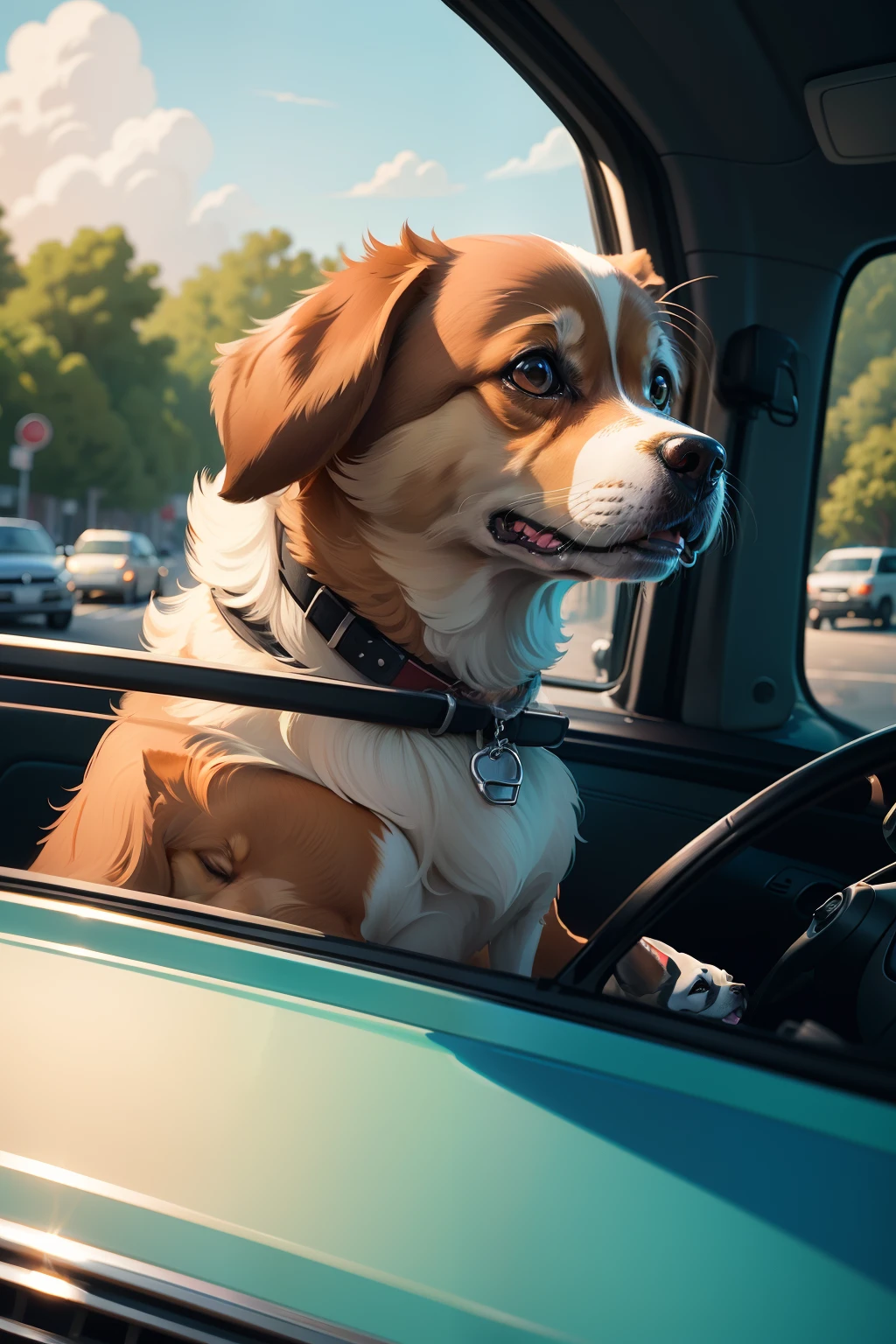 there is a dog that is sitting in the car window, dog watching the car, stylized digital illustration, painting of cute dog, in style of digital illustration, cartoon style illustration, digital illustration -, commercial illustration, high quality illustration, detailed 2d illustration, detailed digital illustration, happy dog, vehicle illustration, an illustration of, official illustration