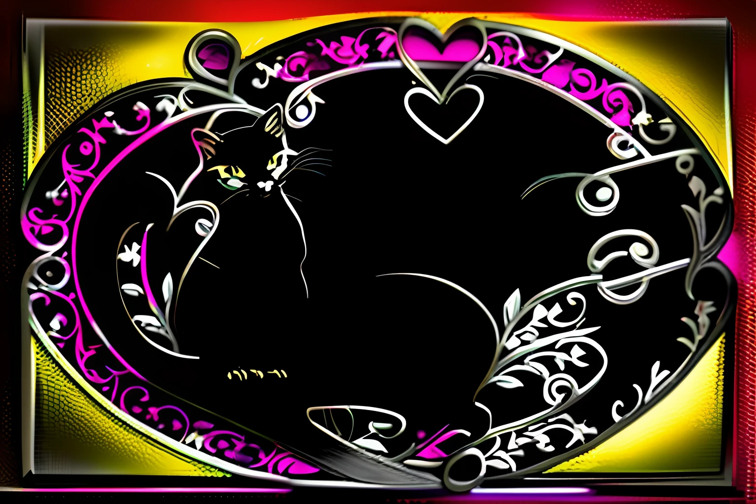 There is a black cat sitting on a decorative metal frame, moldura em filigrana, entwined hearts and spades, metal border, Backround preto. Inkscape, borda preta, borda de contorno branco, fronteira em filigrana, gothic harts, moldura rosa preta. d&d, Painel de arte vetorial para plasma CNC, arte vetorial para plasma cnc, design preto, Backround escuro