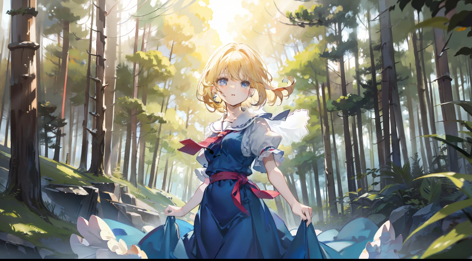 Alice Margatroyd stands with her hair fluttering in the wind, 1 girl, Solo, forest, up on the face、Photograph faces、Just face、Looking at Viewer, Blonde hair, Blue eyes, forest, sunbeams, Bangs, Sailor collar, Outdoors, Jewelry, Sun, earrings, Mouth closed