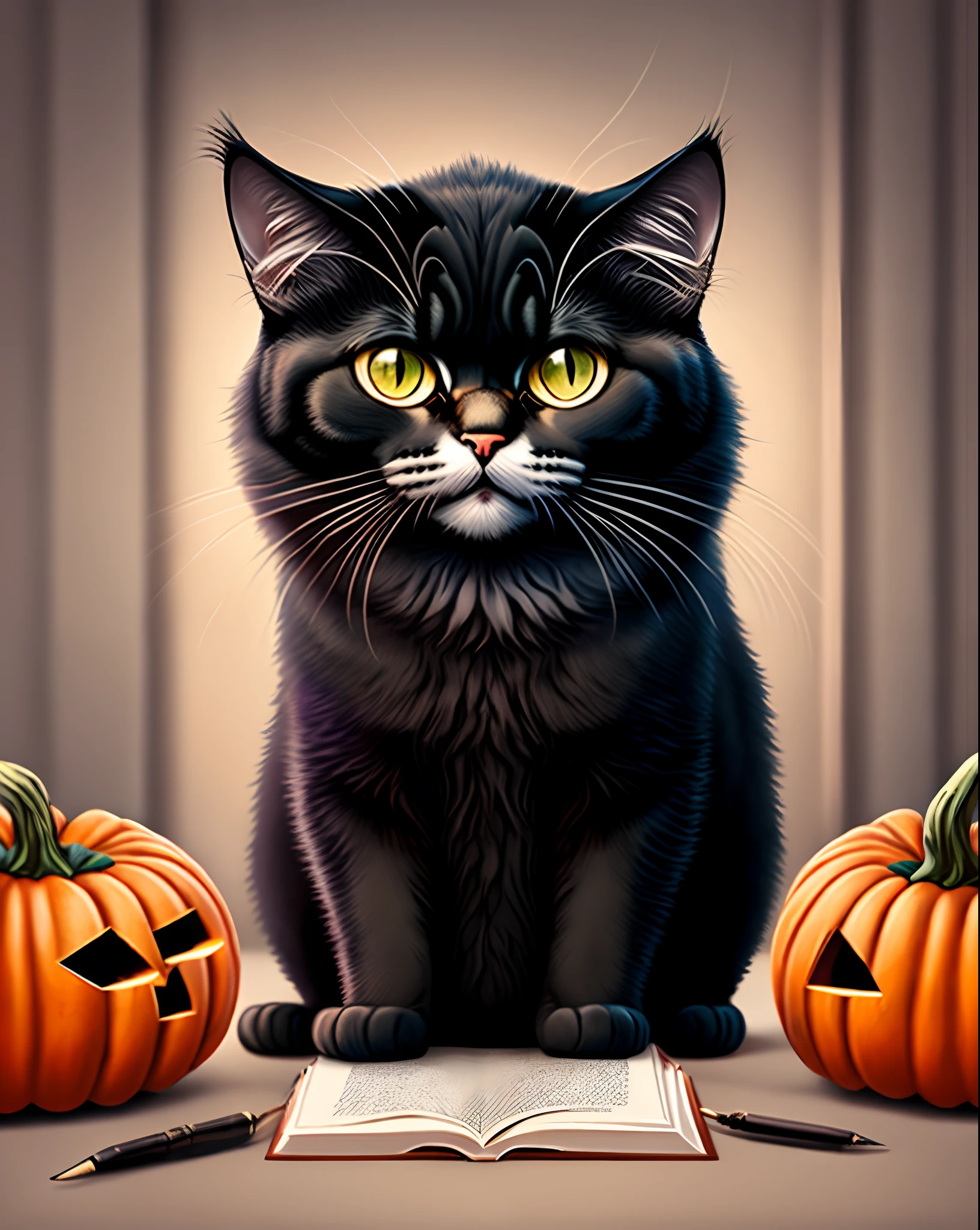 Gato preto do dia das bruxas com novelo de la, desenho fofo, estilizado, para colorir,estilo cartoon, halloween,cenario noturno,parede com teia de aranha