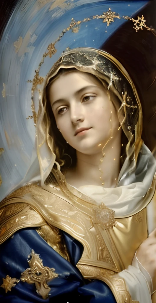 (((Saint Virgin Mary. 19 years old))) ((( Con una cara seria y piadosa. Con una mirada dulce y tierna))) (obra maestra, calidad superior, mejor calidad, arte oficial, beautiful and aesthetic: 1.2), (1girl), extremadamente detallado, (Arte fractal: 1.3), colorido, highest detailed, Cara perfecta, parte superior del cuerpo, HDR, (orando: 1.3), (golden lines of white coat: 1.2), galaxia, (rayas de luz), eye-catching visuals, (dynamic stripes, senderos luminosos: 1.2), colores vibrantes,