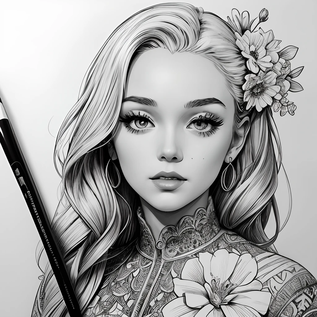 Black and white stick figure 1 girl with flowers, lots of flowers in background, in dress with flowers, its fine ink line art, comic style, portrait of ploynesian girl, Marilyn Munroe, Hollywood glam, beautiful line art, black and white comic style, manga style, manga art style, pencil and ink caricature drawing, black and white coloring