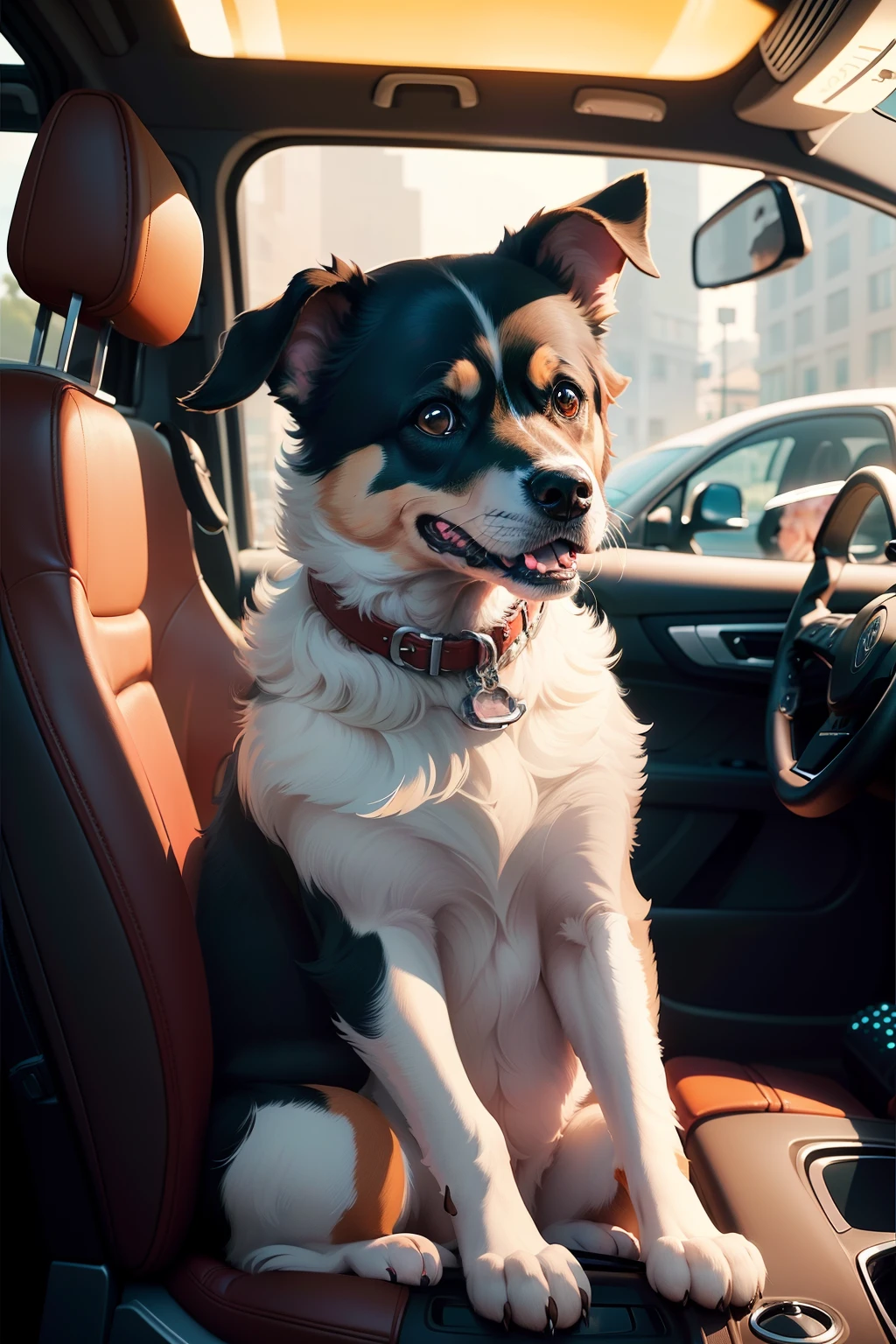 there is a dog that is sitting in the car window, dog watching the car, stylized digital illustration, painting of cute dog, in style of digital illustration, cartoon style illustration, digital illustration -, commercial illustration, high quality illustration, detailed 2d illustration, detailed digital illustration, happy dog, vehicle illustration, an illustration of, official illustration