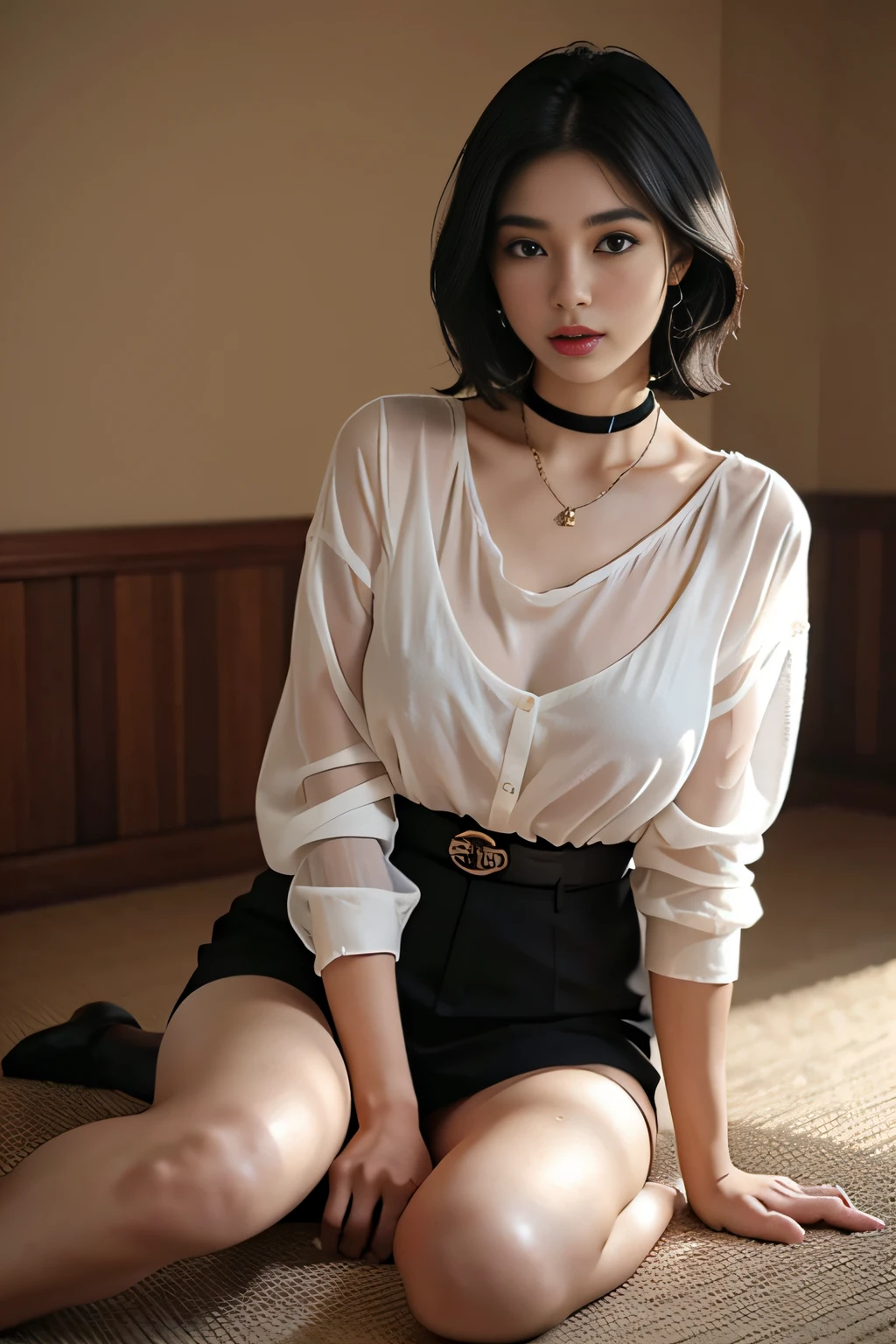 Black hair bob, (8k, RAW photo, photorealistic: 1.25), (very much lip gloss, many eyelashes, highest quality, ultra high resolution, depth of field, chromatic aberration, caustics, wide light, natural color, Japanese , Female in her 30s) Staring at the viewer, necklace, bracelet, choker, full body, big breasts, mole on chest, bare legs, see-through blouse