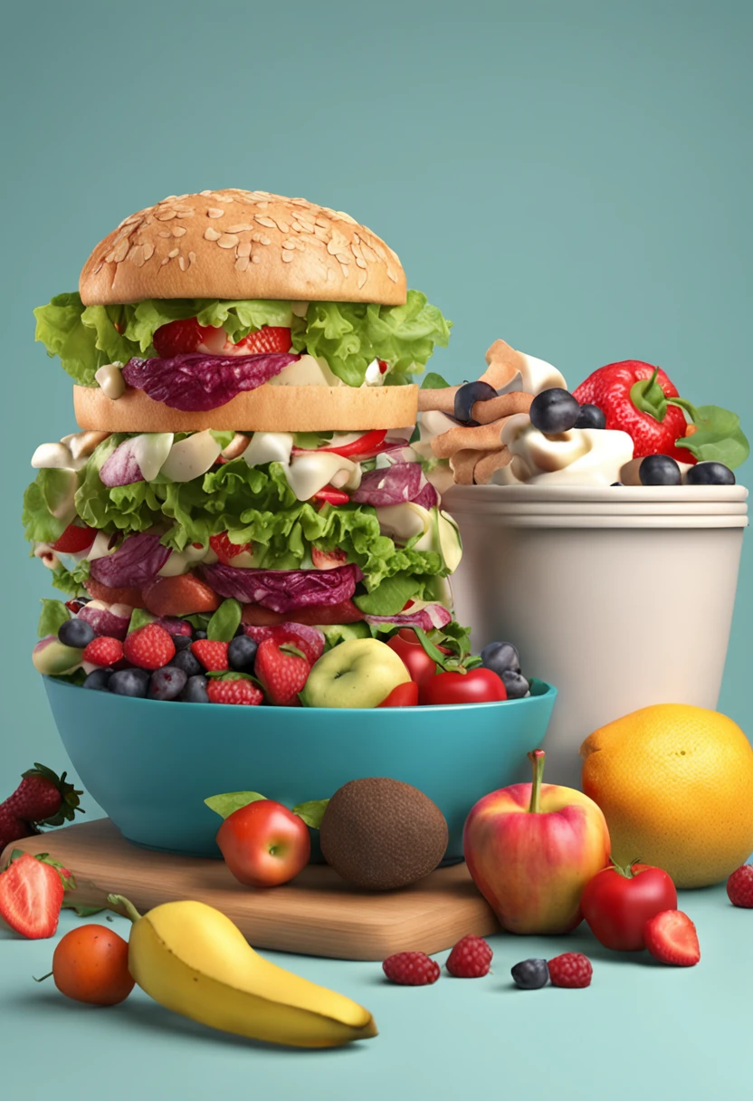 few healthy foods, front photo, realistic , white background
