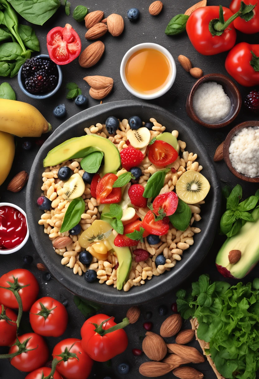 few healthy foods, front photo, realistic , white background