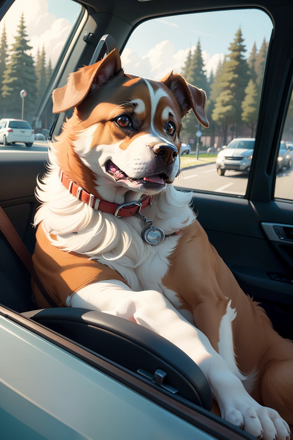 there is a dog that is sitting in the car window, an illustration of by Martin Benka, shutterstock, digital art, dog watching the car, stylized digital illustration, painting of cute dog, in style of digital illustration, cartoon style illustration, digital illustration -, high quality illustration, commercial illustration, detailed 2d illustration, detailed digital illustration, happy dog