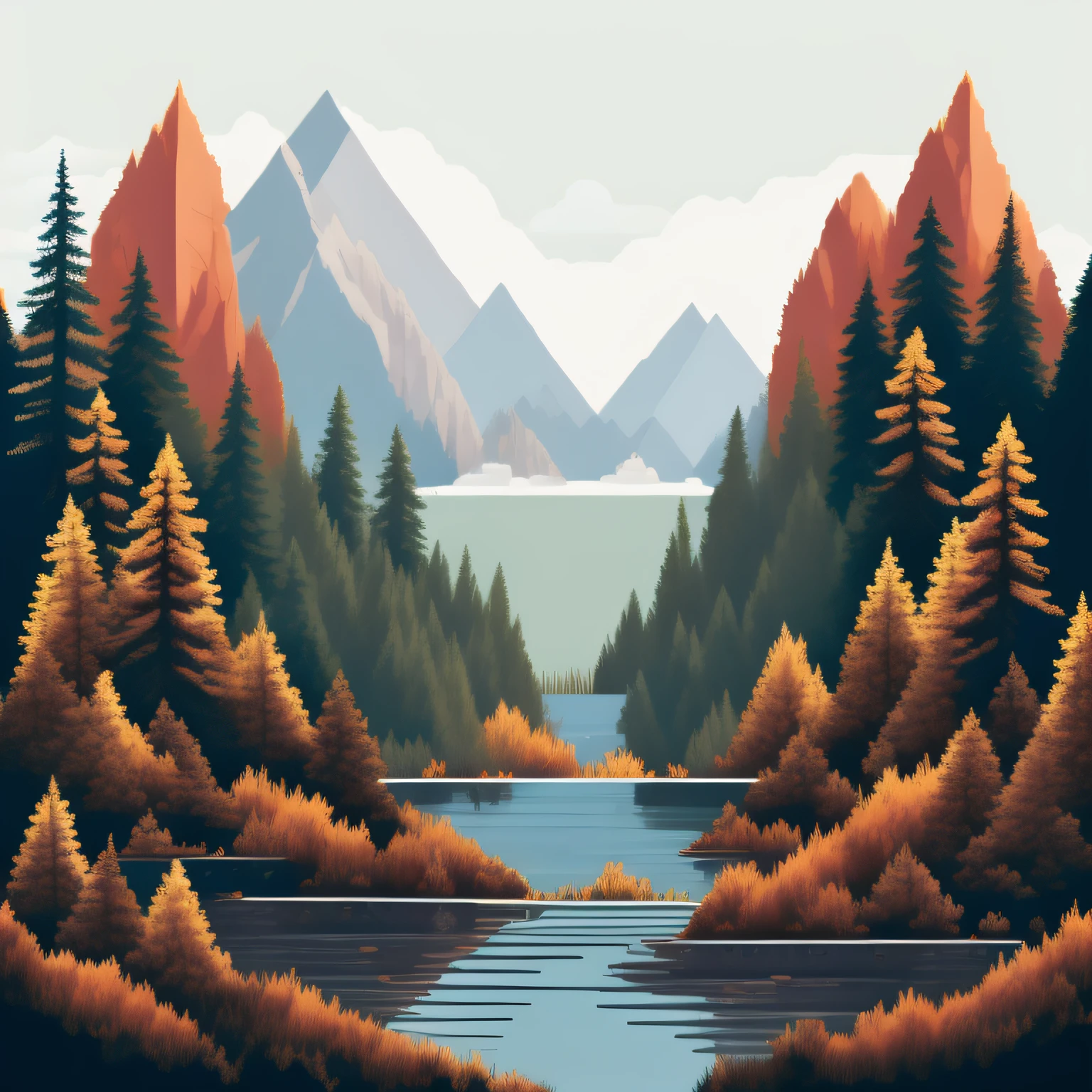 pixelart photorealistic stylized A photo of a peaceful lake with a wooden dock, a distant mountain range, and blooming wildflowers.