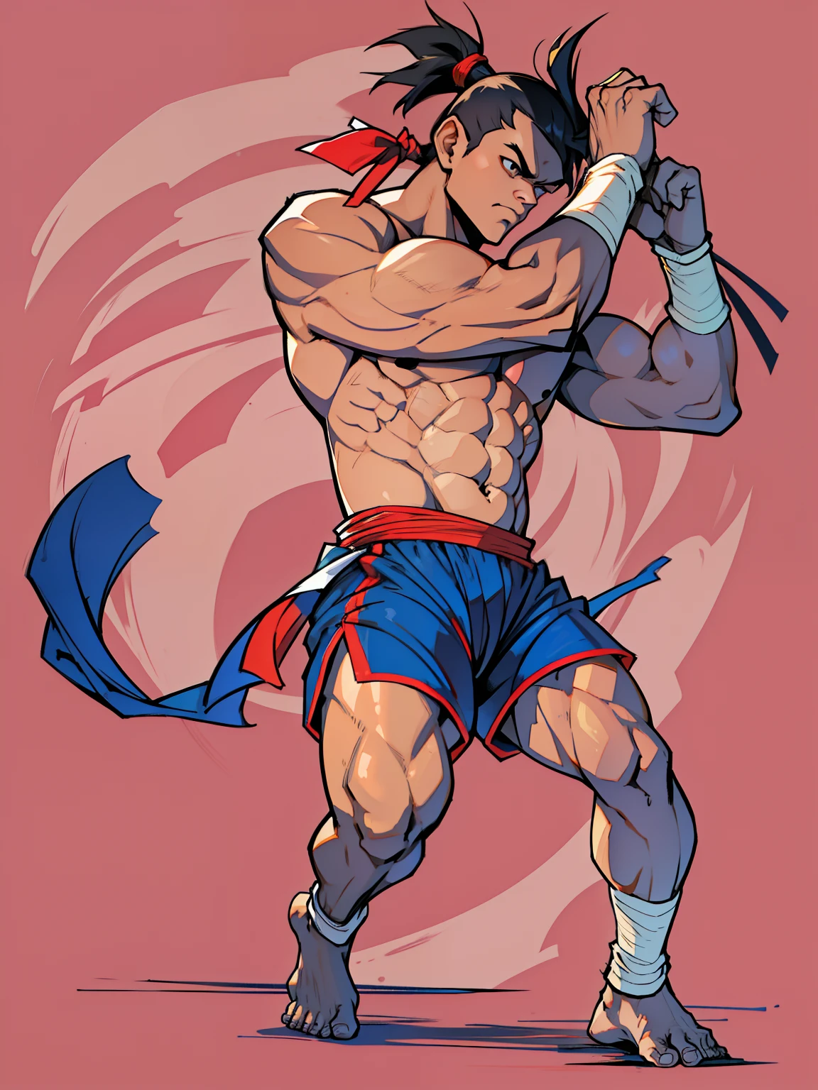 southeast asian, cambodian, (black dark tanned skin), caesar hairstyle, short buzzcut haircut, kickboxer, wearing red and blue boxing shorts, white hand wraps, white ankle supporter, fighting boxing pose, topless, muscular, (all white background),