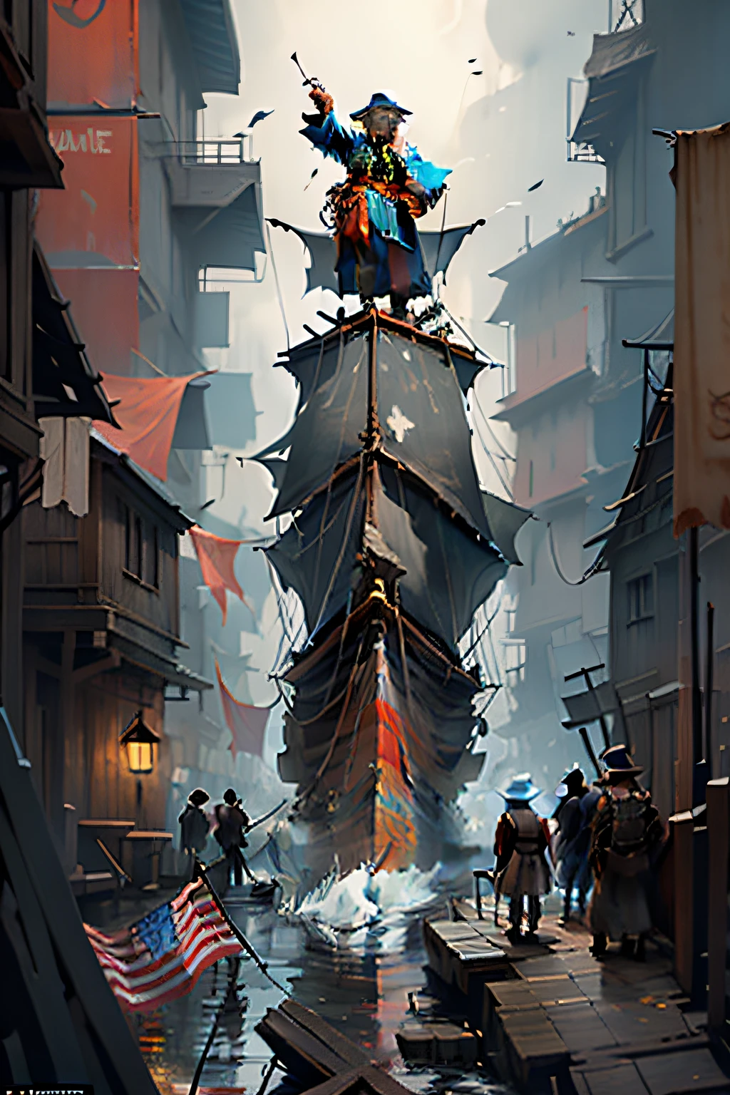 Many people gathered around the ship,The ship broke through the wall,A man stands on the top of a boat waving a flag