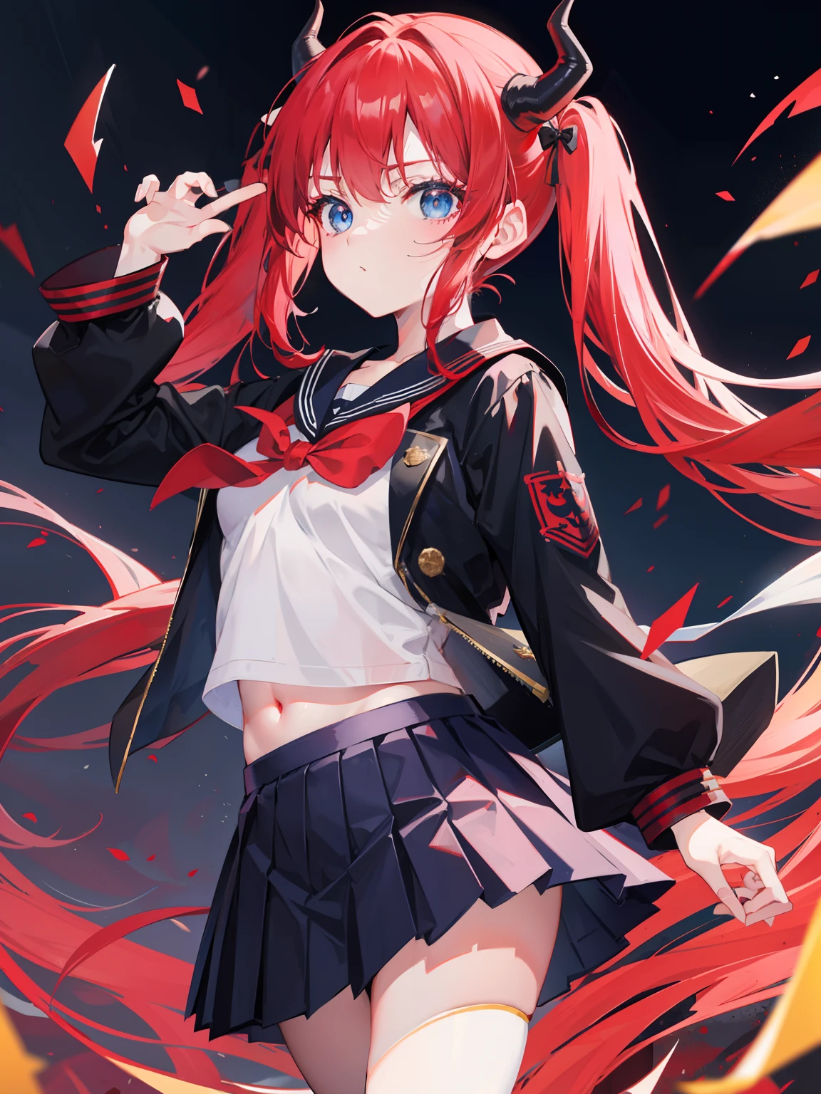 red hair, blue eyes, twintails, Sailor suit,black coat, Dragon horns,Pleated skirt,solo,loli,cute,bow