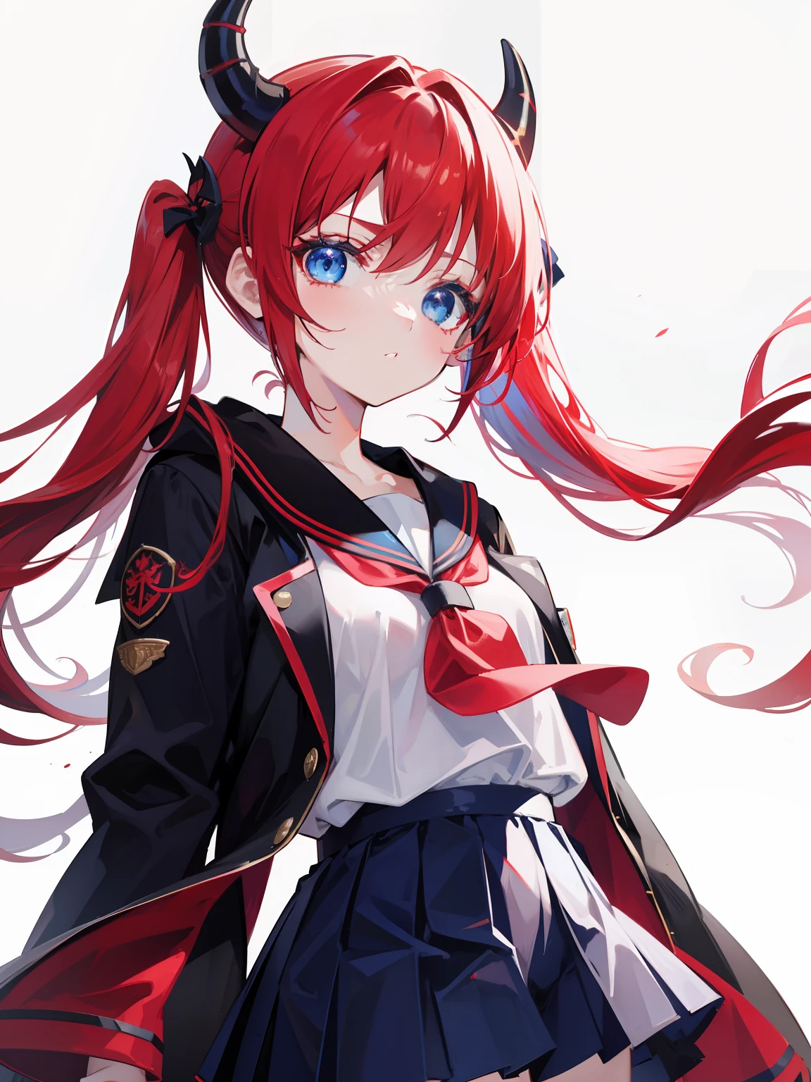 red hair, blue eyes, twintails, Sailor suit,black coat, Dragon horns,Pleated skirt,solo,loli,cute,bow