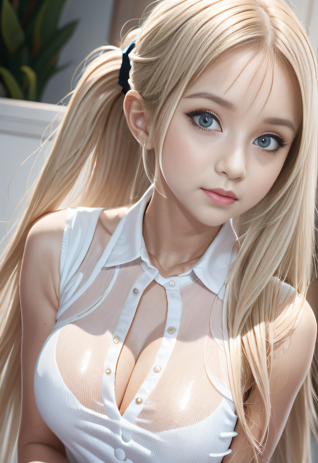 uniform, Sexy and very beautiful face, Big breasts, shiny white shiny skin, long bangs between eyes, eyes liner, pony tails, Silky extra-long dazzling blonde hair, Beautiful , Beautiful and cute light blue eyes, Beautiful cute girl
