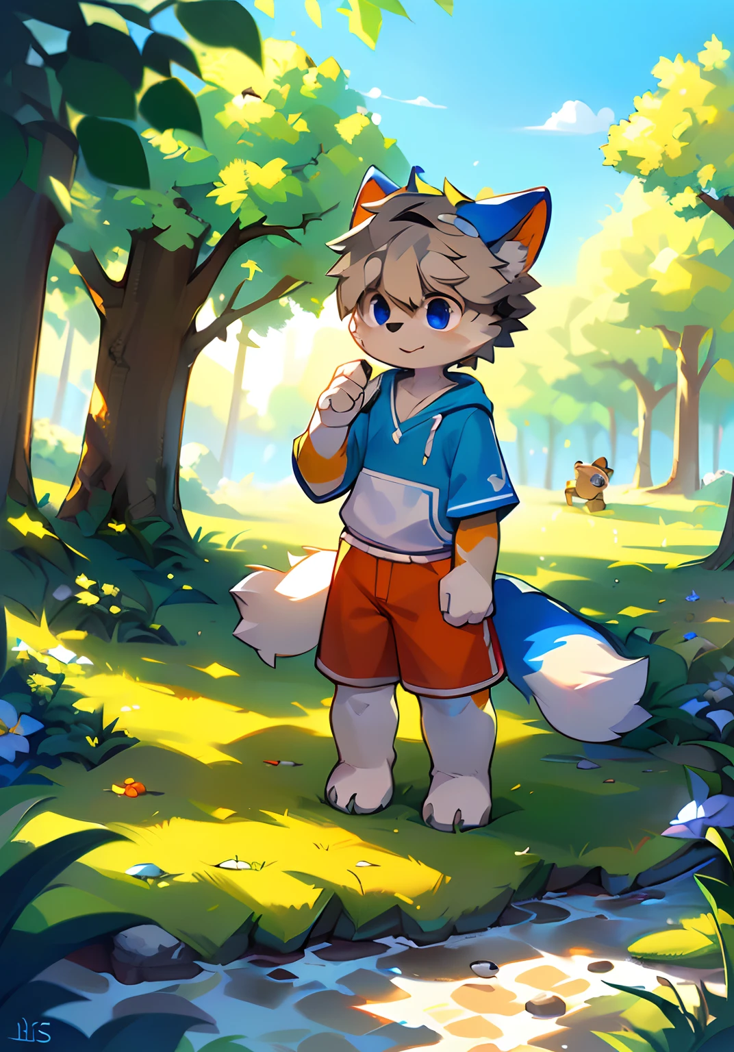 eyes with brightness, in a panoramic view, Character Focus Solo, shaggy, Furry male cat, Yellow-white fur for men, blue color eyes, Gray hair(The long），Wear orange shorts and shorts，CasualClothing，Young style，height of one meter seven，Handsome， has a tail，anthro,Furry,feral,(Digital media \(artwork of a\):1.2),(hi，It's nothing,absurd res:1.2),Perfect anatomy,Anatomically correct,Detailed,Detailed face,Detailed eyes,(Realistic fur,Detailed fur:1.25),Detailed background,amazing background.