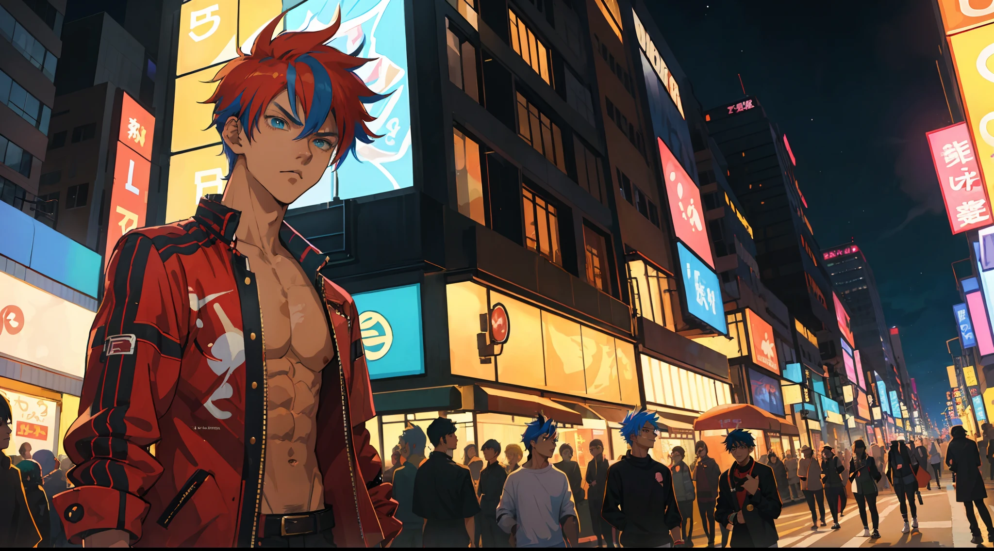 boy, handsome, fashion, shirtless, multi-colored hair, anime art, anime, on a busy street, night, city lit up with colorful lights, in the crowd, in high detail, focused and serious face