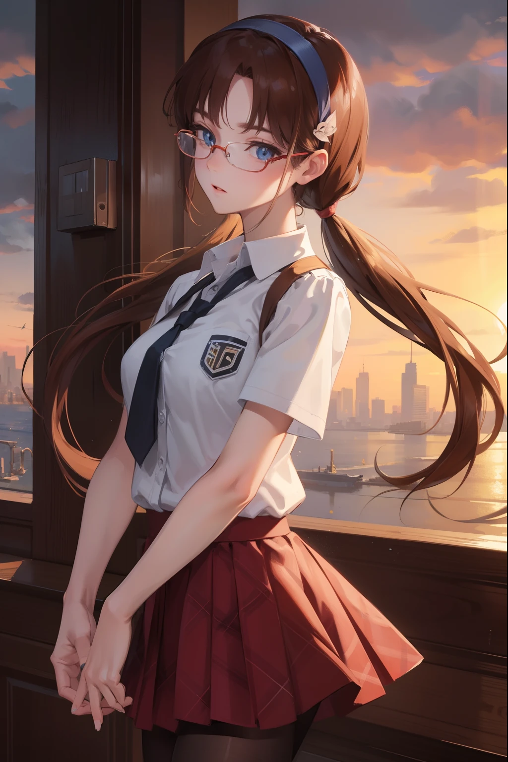 marimakinami, mari makinami, blue eyes, brown hair, glasses, headband, twintails,
BREAK dress shirt, pantyhose, plaid, plaid skirt, school uniform, shirt, skirt,
BREAK outdoors, city,
BREAK looking at viewer,
BREAK (masterpiece:1.2), best quality, high resolution, unity 8k wallpaper, (illustration:0.8), (beautiful detailed eyes:1.6), extremely detailed face, perfect lighting, extremely detailed CG, (perfect hands, perfect anatomy),