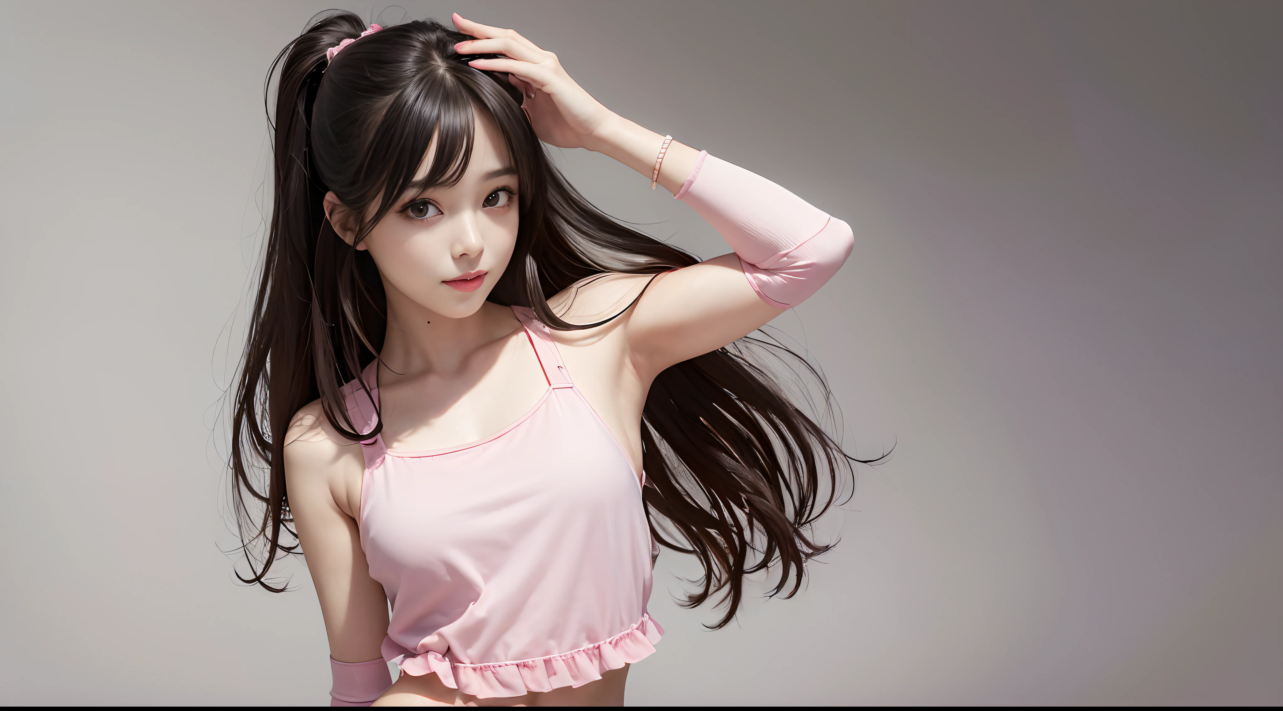 ((best quality)), ((ultra high res)), (photorealistic:1.4), lisa,1girl,  thighhighs,(upper body),  looking at viewer, facing front, smiling,,long hair,ulzzang-6500-v1.1,pureerosface_v1,casual punk pink wear,erotic standing poses,simple pink and white background,