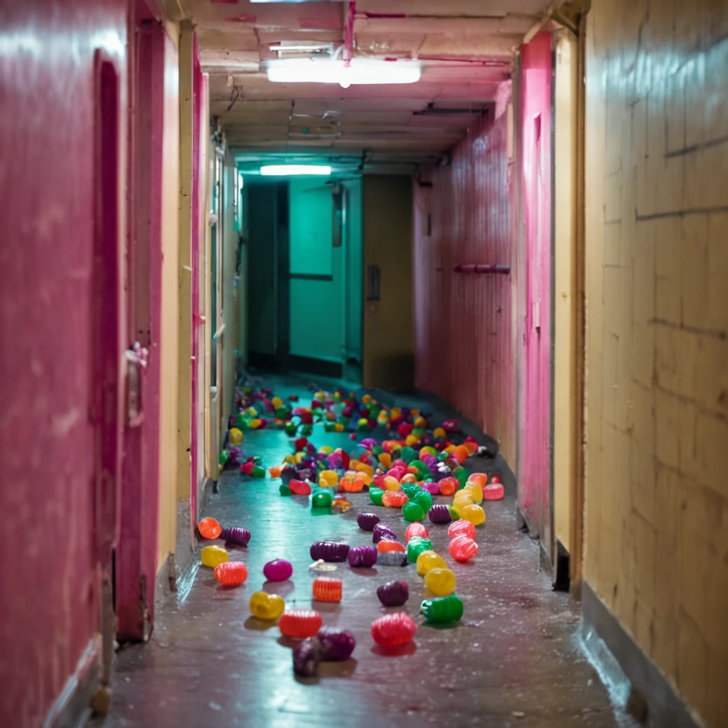 A humanoid monster made of candy running towards the camera, ponto de vista, The monster is in an abandoned and dirty corridor, There are several people lying on the floor of the hallway, estilo filme de terror, camera DSLR, alta resolução, 4k