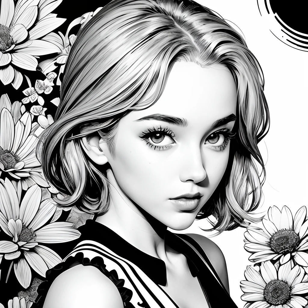 Black and white stick figure 1 girl with flowers,  lots of flowers in background, loli in dress with flowers, its fine ink line art, comic style, portrait of ploynesian girl, Marilyn Munroe, Hollywood glam, beautiful line art, black and white comic style, manga style, manga art style, pencil and ink caricature drawing, black and white coloring
