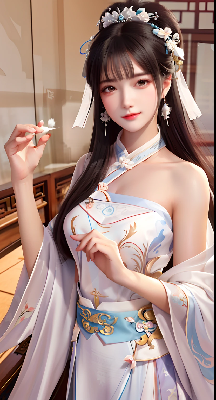 best quality, masterpiece, highres, 1girl,china dress,hair ornament,necklace, jewelry,Beautiful face,upon_body, tyndall effect,photorealistic, dark studio, rim lighting, two tone lighting,(high detailed skin:1.2), 8k uhd, dslr, soft lighting, high quality, volumetric lighting, candid, Photograph, high resolution, 4k, 8k, Bokeh, Wet-breasted Hanfu open V-chested clothes, All pictures, Wet body of thin silk fabric, Thin silk lace petticoat,princess 10 yeald old cute, (huge ,cleavage),petticoat, white pink, blue ,best qualtiy,tmasterpiece,Ultra-high resolution,(Reality:1.4),RAW photogr,(True skin texture:1.3),(filmgrain:1.3),(Selfie angle),1个Giant Breast Girl,Beautiful eye and face details,tmasterpiece,Best quality at best,exposing thighs,Bigchest,The chest is more exposed