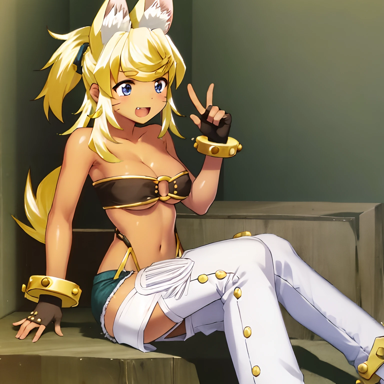 ((masterpiece, high quality, best quality:1.4)), liru, 1girl, solo, animal ears, wolf ears, blonde hair, wolf girl, dark skin, dark-skinned female, long hair, blue eyes, extra ears, tail, wolf tail, ponytail, gloves, beltbra, shorts, large breasts, denim, denim shorts, facial mark, fingerless gloves, thighhighs, fang