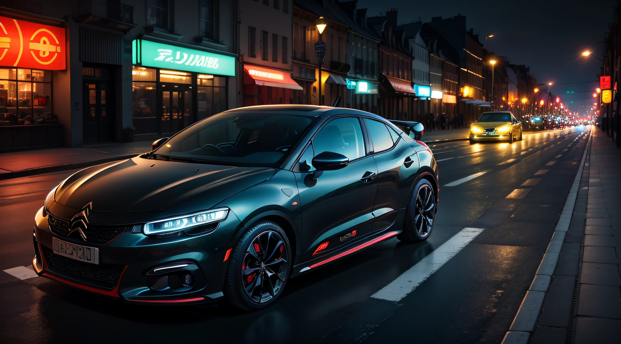 night,Wide streets stretch forward,Flashing neon,A Citroen premium sports car is parked in the middle of the road。