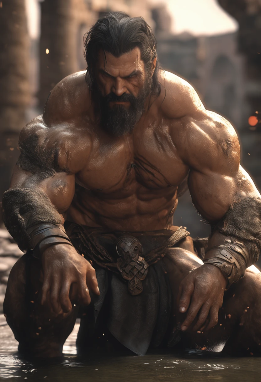 (Rehearse 3D rendering:1.3) af (Realistic:1.3) The most beautiful artwork in the world with a picture of a soft and shiny male hero, ultrawide ((Ultra-wide resolution)), 2560×1080, ((Epic heroic fantasy, muscle men, Wet Hero, angry look, Has long hair and a short beard, and the ferocious gaze of dynamic poses, Fantastic location, Majestic and cluttered environment)), Full body 8K unit rendering, action  shot, skin pore, very dark lighting, heavy shadow, A detailed, Detal Face, (vibration, photograph of-realistic, Realistic, Dramatic, darkly, foco nítido, 8K), (Damaged old leather clothing is damaged:1.4), ((((Use skins)))), (复杂:1.4), decadent, (highly  detailed:1.4), digitial painting, octan render, art  stations, concept-art, Liso, foco nítido, illustration, Art germ, (loish:0.23), wlop ilya kuvshinov, e Greg Rutkowski e Alphonse Mucha Gracias, (global ilumination, studiolight, volumettic light), very heavy rain, Floating particles, lotr, fanciful, biz, full bodyesbian, ((Dark and ancient city background:1.3)),CGSetnação,art  stations