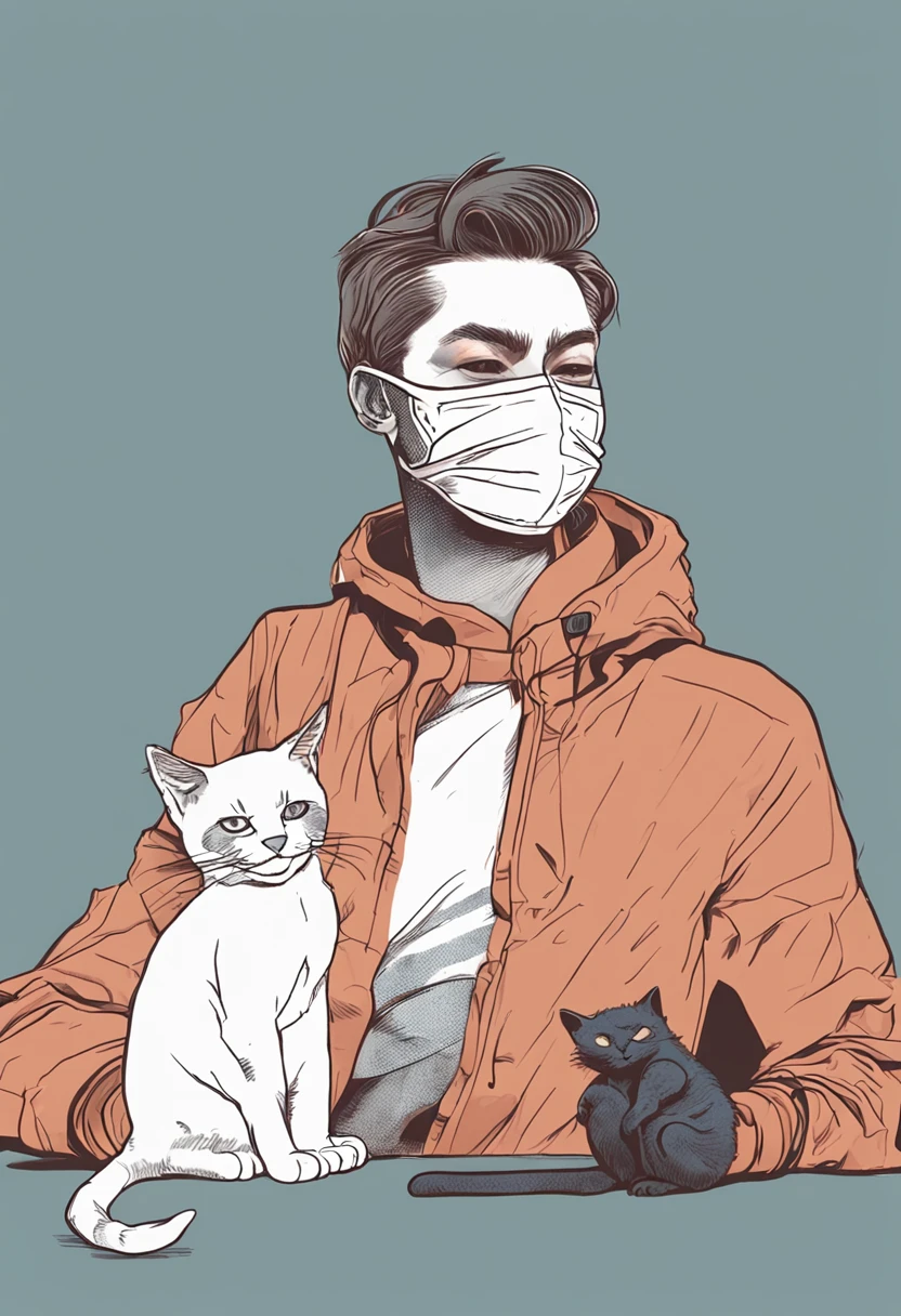 Araphais, with a mask on his face, holds a cat, Holding a cat, with small cat on lap, aesthetic siamese cat, china blue eyes, awww, Wearing a mask, the cat is walking, wearing face mask, superhero with a cat head, Low voltage, ruan jia and brom, cute furry needs your help, largeeyes, unknown artist