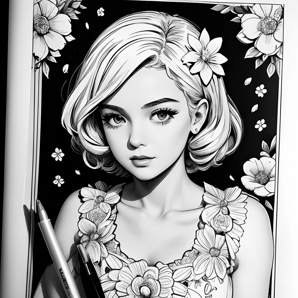 Black and white stick figure 1 girl with flowers,  lots of flowers in background, loli in dress with flowers, its fine ink line art, comic style, portrait of ploynesian girl, Marilyn Munroe, Hollywood glam, beautiful line art, black and white comic style, manga style, manga art style, pencil and ink caricature drawing, black and white coloring