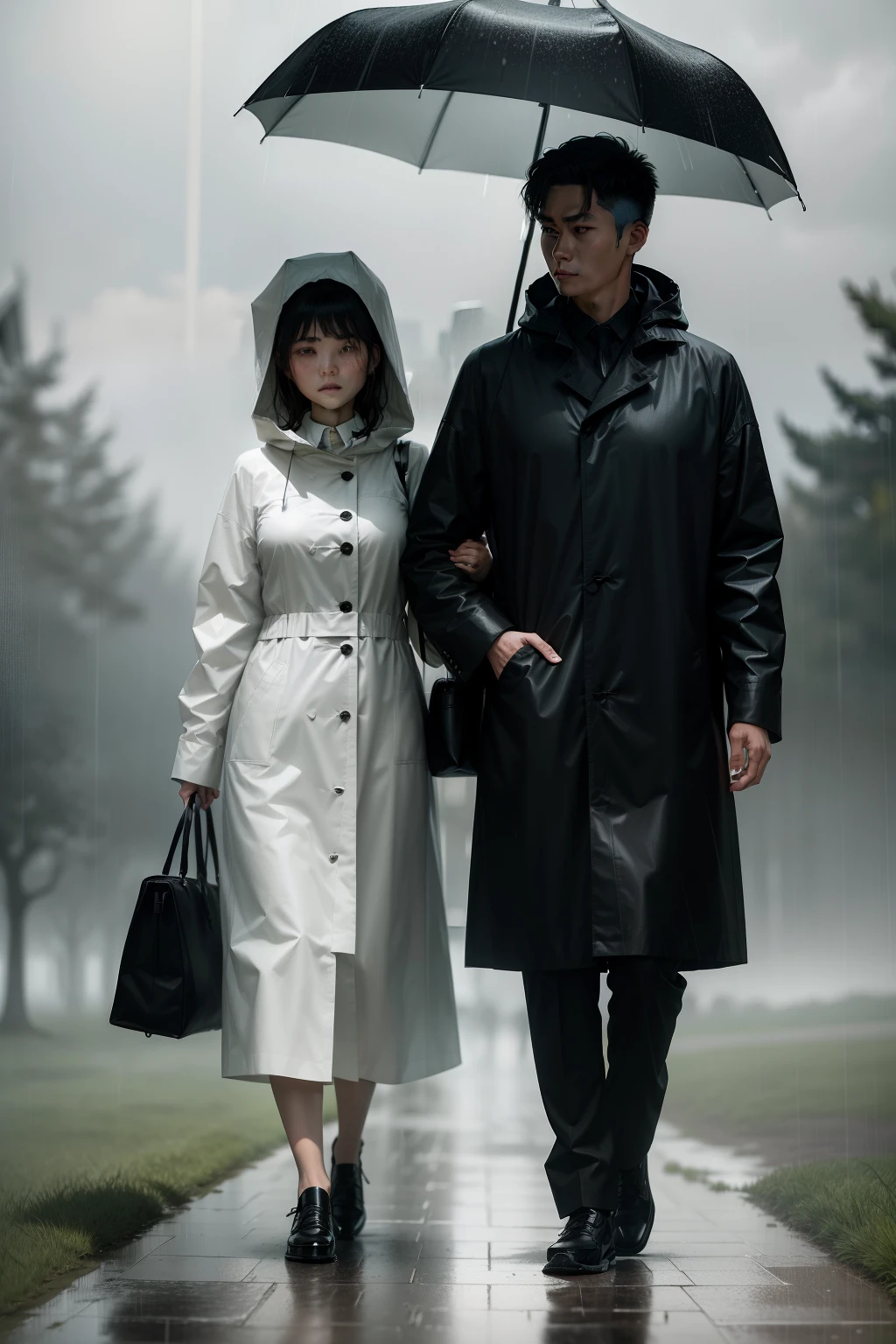 The sky was dark and raining heavily,The couple wore raincoats and struggled forward on the endless grass,The husband walked in front and took his wife's hand,The couple looks tired,I am also confident in facing such difficulties。The picture shows positive facing difficulties。