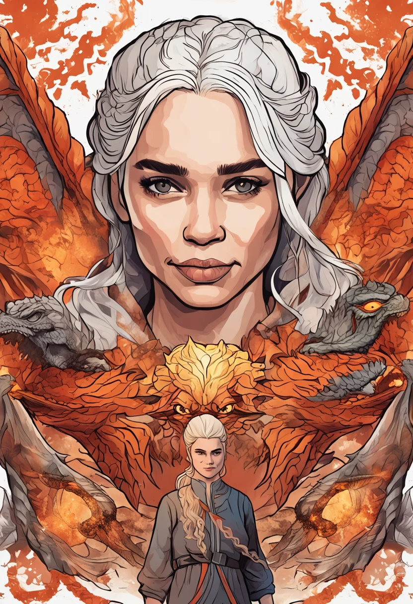 t-shirt design, 2D illustration, centered art,3 dragons in the background breathing fire, face of Emilia Clarke Atriz britânica White hair de Game of Thrones, gothic colors, mood of tension and terror, Adobe Illustration, Trending on Artstation, 8K, hd, masterpiece, gorgeous art, intricate details , -