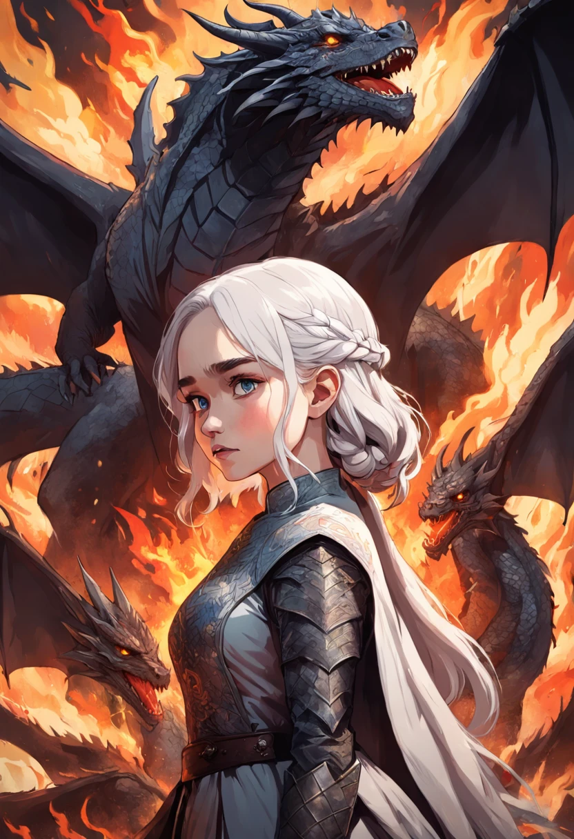t-shirt design, 2D illustration, centered art,3 dragons in the background breathing fire, face of Emilia Clarke Atriz britânica White hair de Game of Thrones, gothic colors, mood of tension and terror, Adobe Illustration, Trending on Artstation, 8K, hd, masterpiece, gorgeous art, intricate details , -